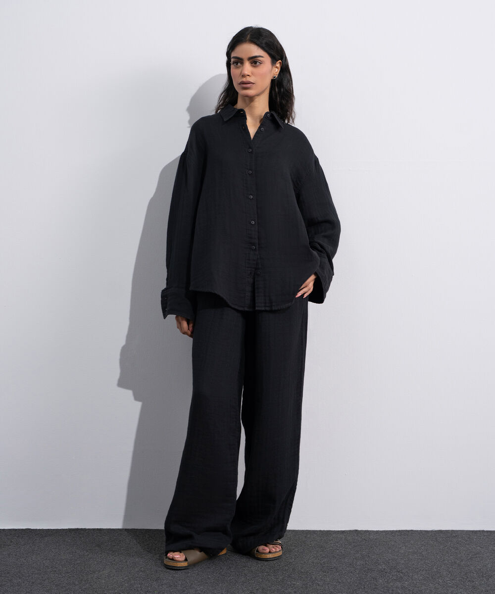 Women's Black Loose-Fit Muslin Shirt