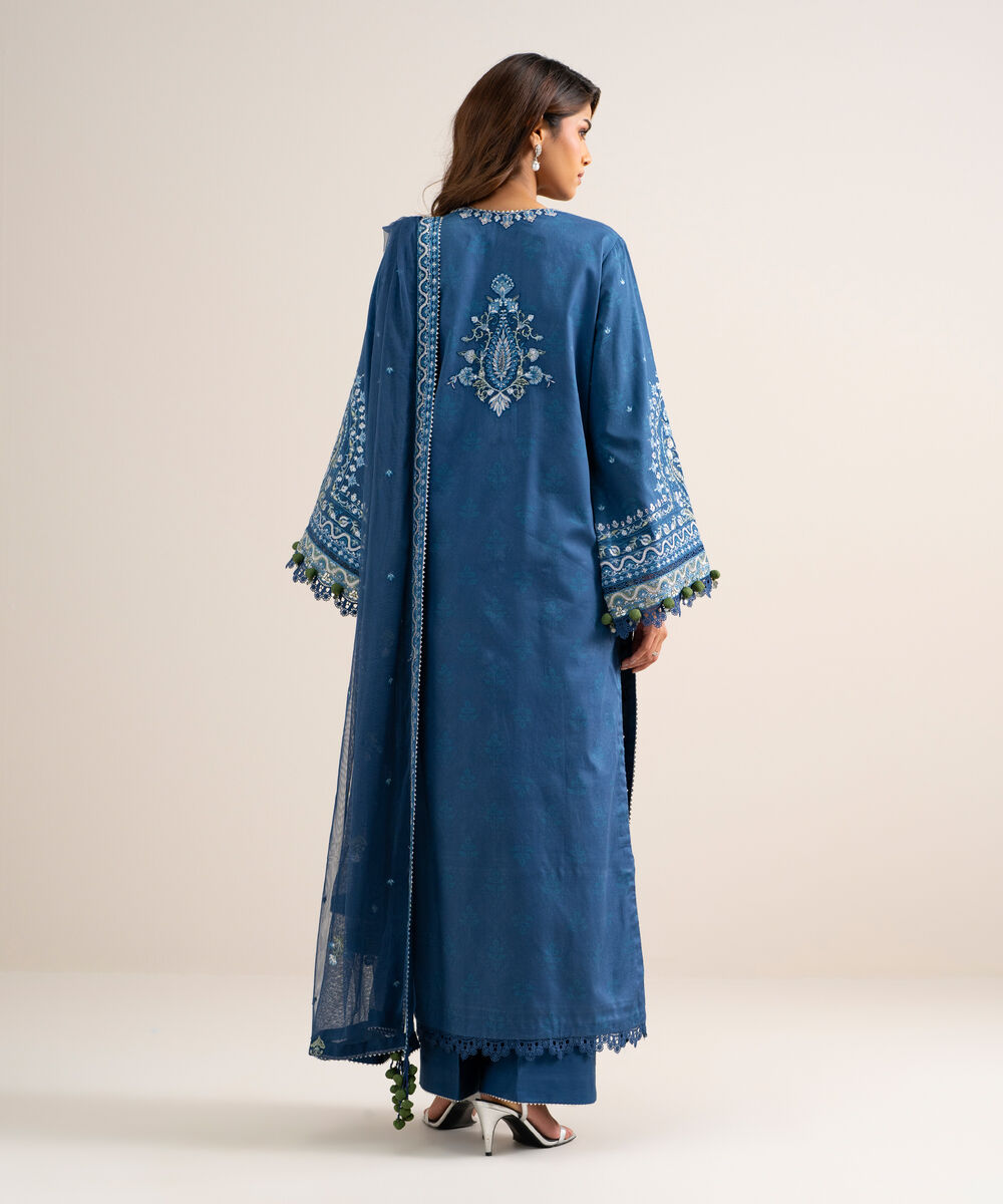 Women's Unstitched Fine Cotton Satin Embroidered Blue