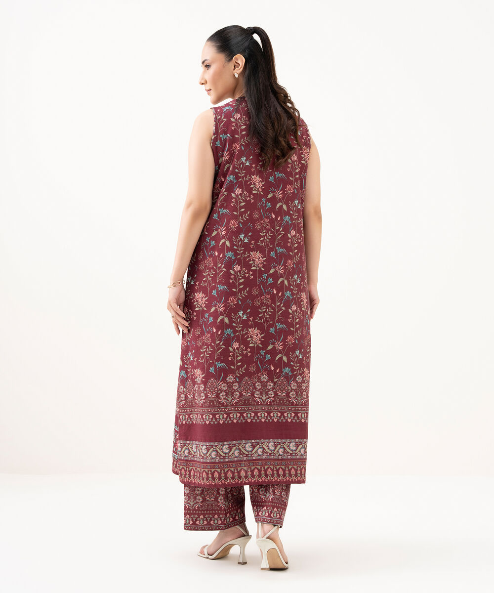 Women's Unstitched Cotton Embroidered Red 2 Piece Suit