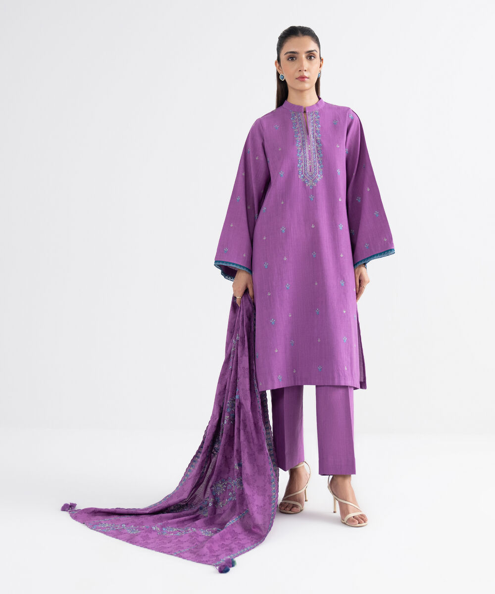 Women's Unstitched Cross Hatch Embroidered Purple 3 Piece Suit