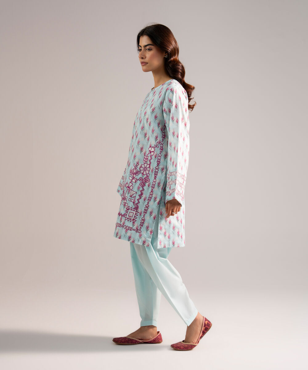 Women's RTW Lawn Embroidered Blue Straight Shirt