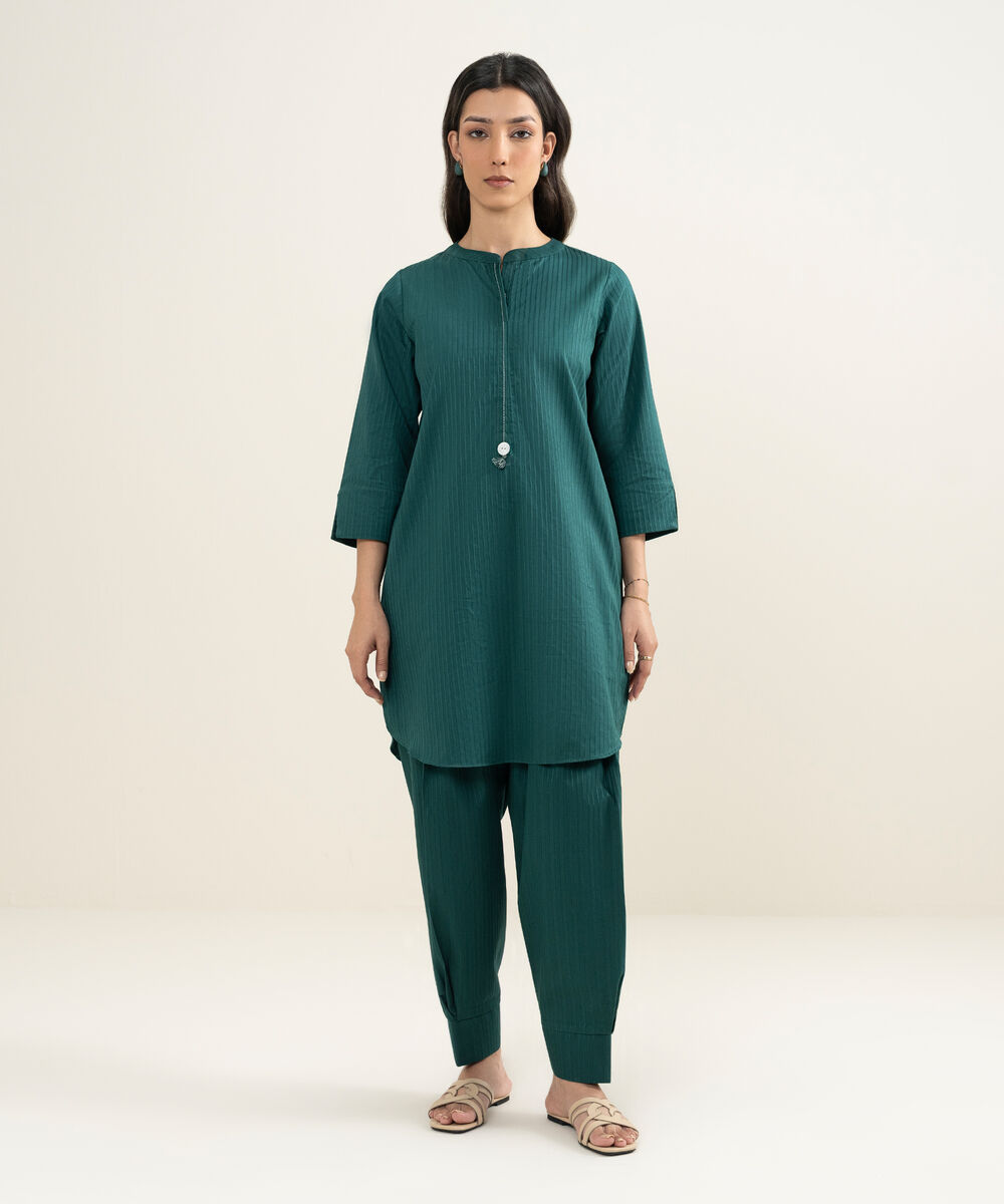 Women's RTW Dobby Solid Green Straight Shirt