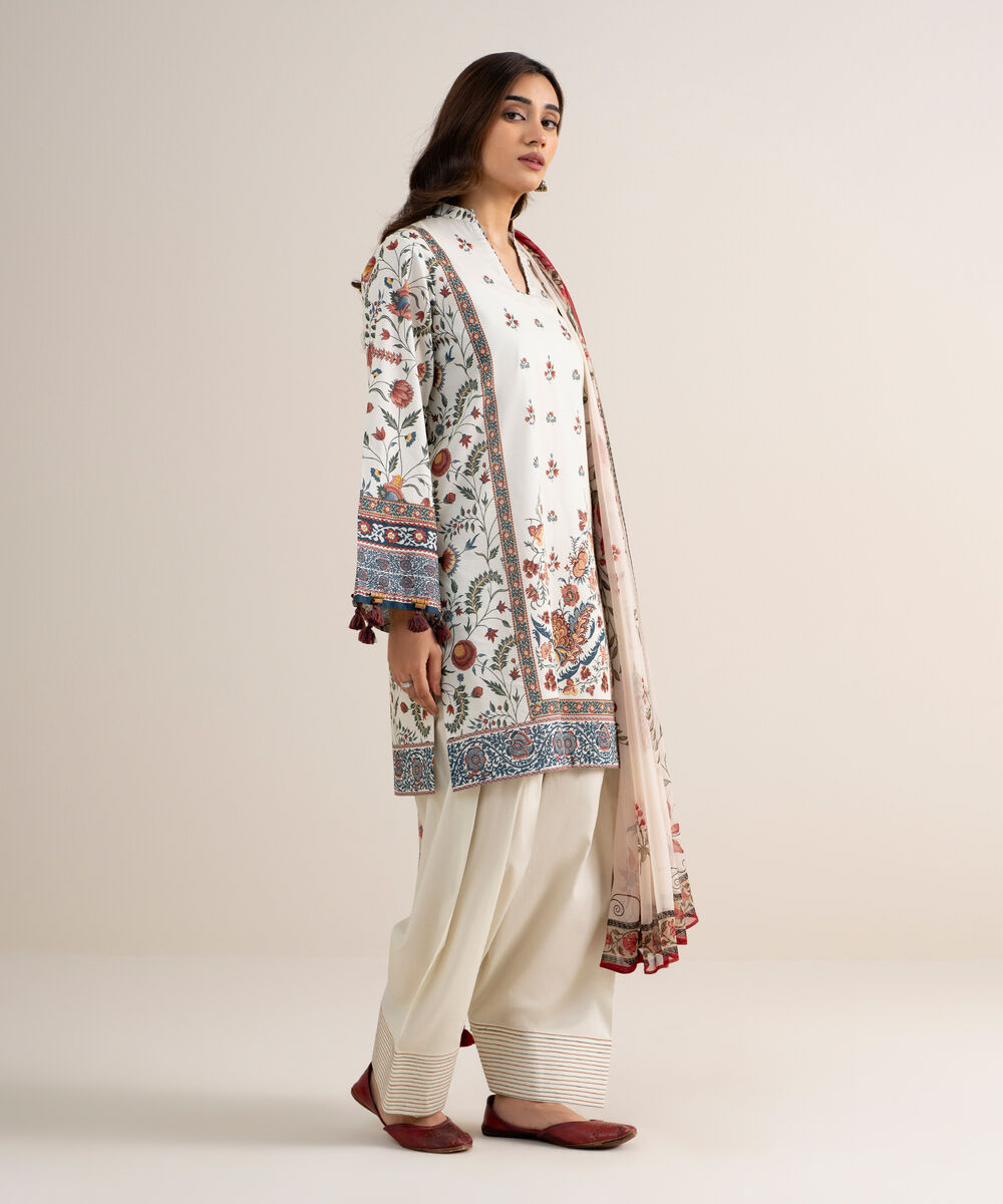 Women's Unstitched Lawn Printed Off White 3 Piece Suit