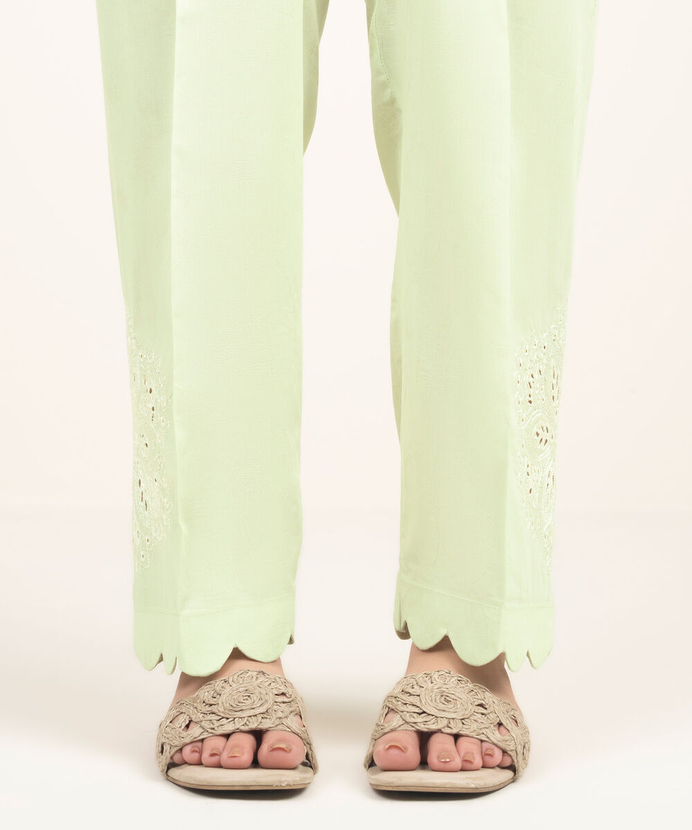 Women's RTW Self Jacquard Embroidered Green Straight Pants