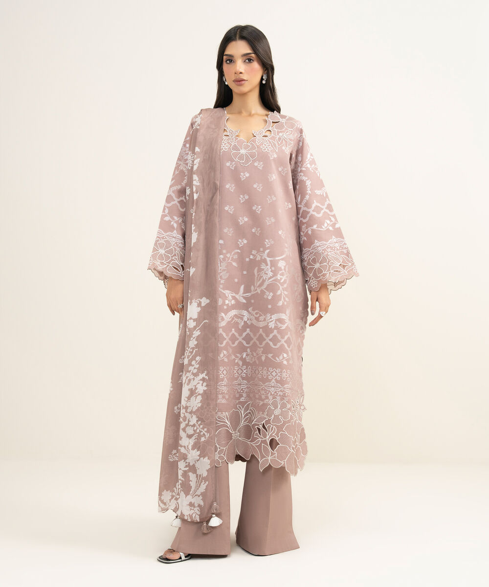 Women's Unstitched Extra Weft Jacquard Embroidered Beige 3 Piece Suit