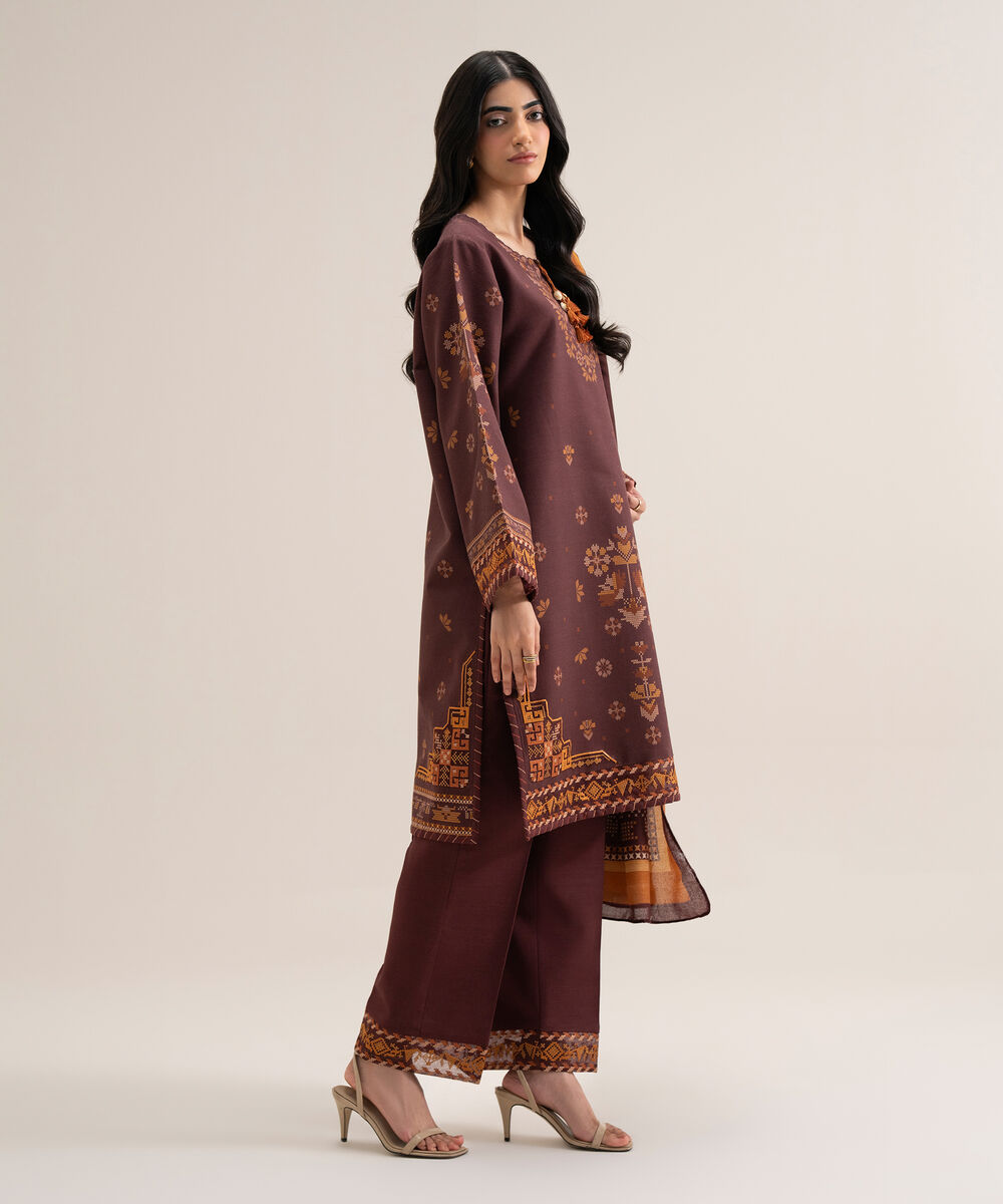 Women's Unstitched Premium Khaddar Printed Brown 3 Piece Suit