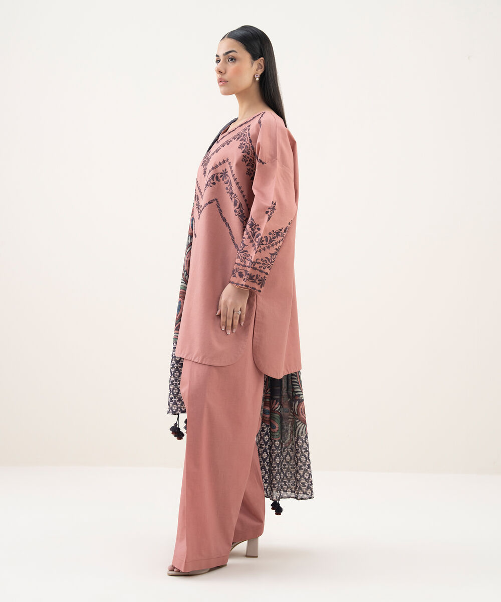 Women's Unstitched Cotton Embroidered Pink 3 Piece Suit