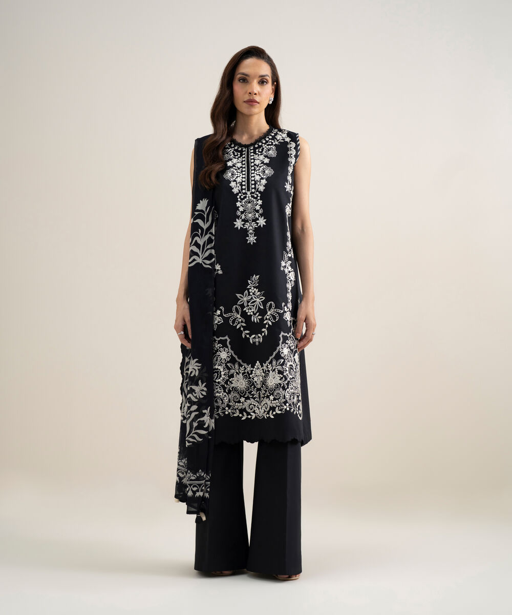 Women's Unstitched Textured Lawn Embroidered Black 3 Piece Suit