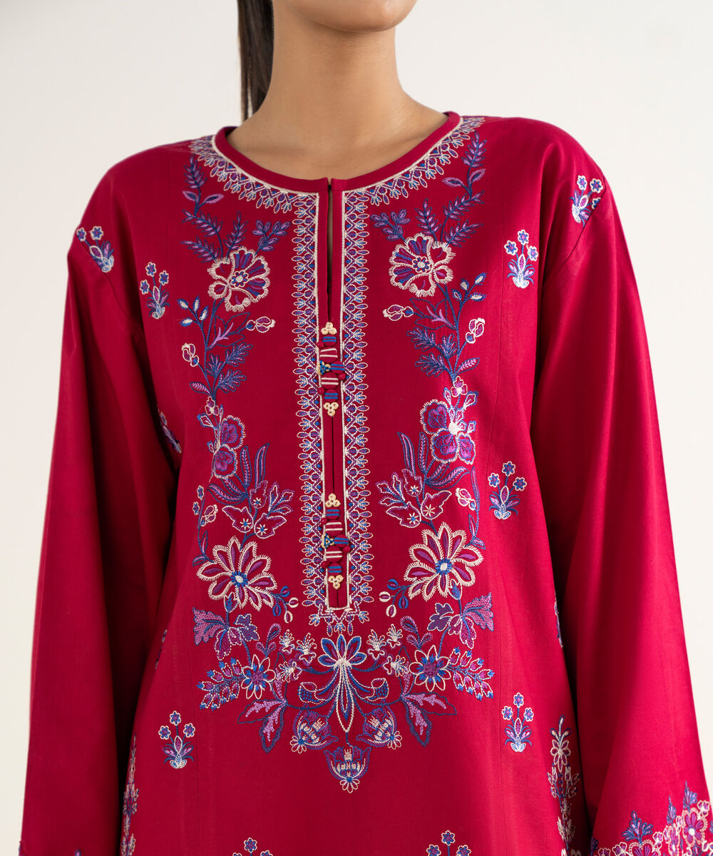 Women's Unstitched Twill Embroidered Red 3 Piece Suit