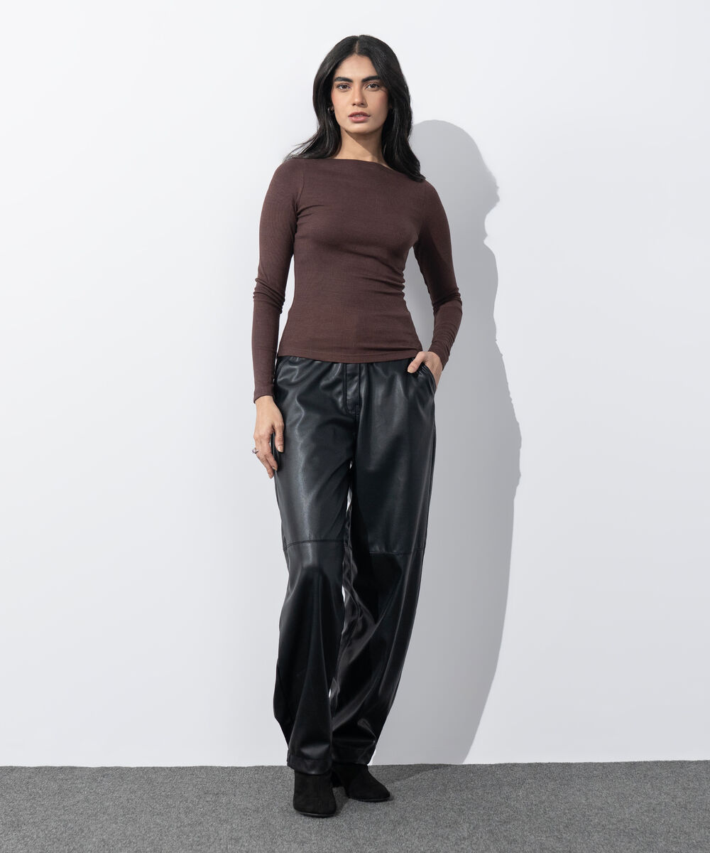 Women's Western Wear Brown Slash Neck Rib Top