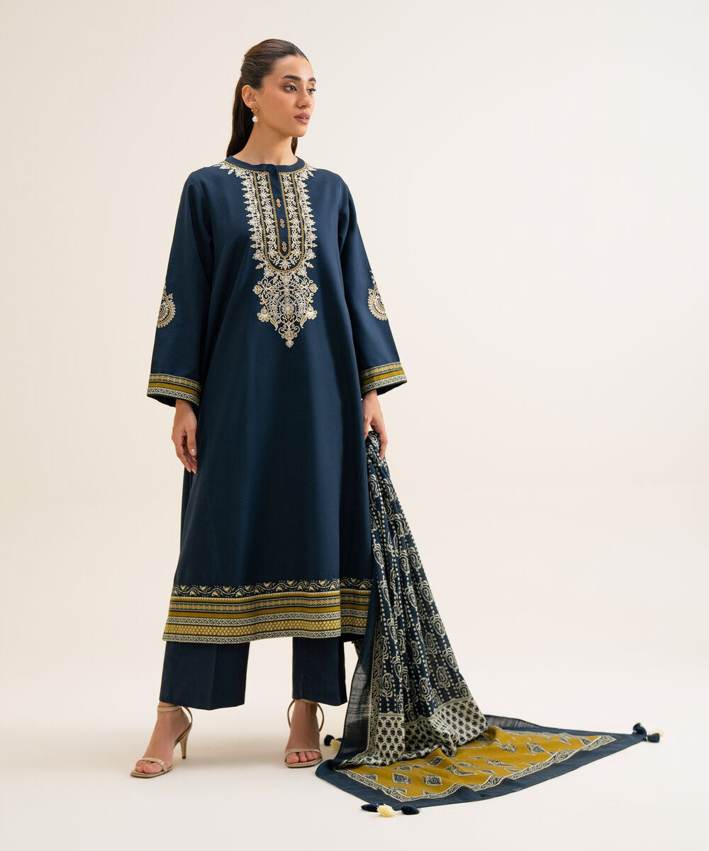 Women's Unstitched Light Khaddar Embroidered Blue 3 Piece Suit