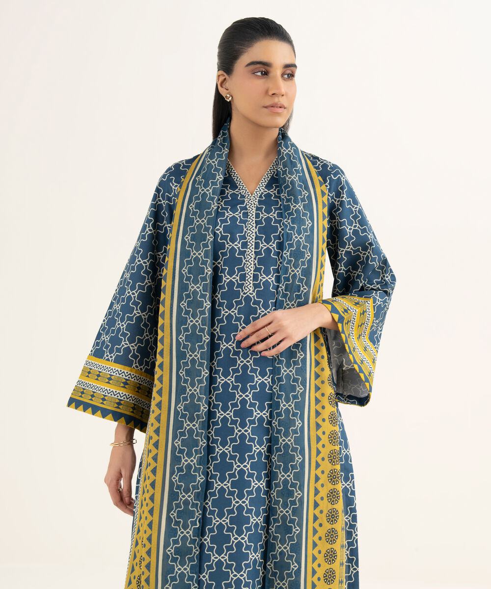 Women's Unstitched Lawn Printed Blue 3 Piece Suit