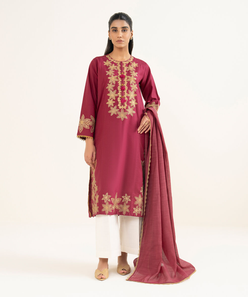 Women's RTW Light Khaddar Embroidered Pink A-Line Shirt