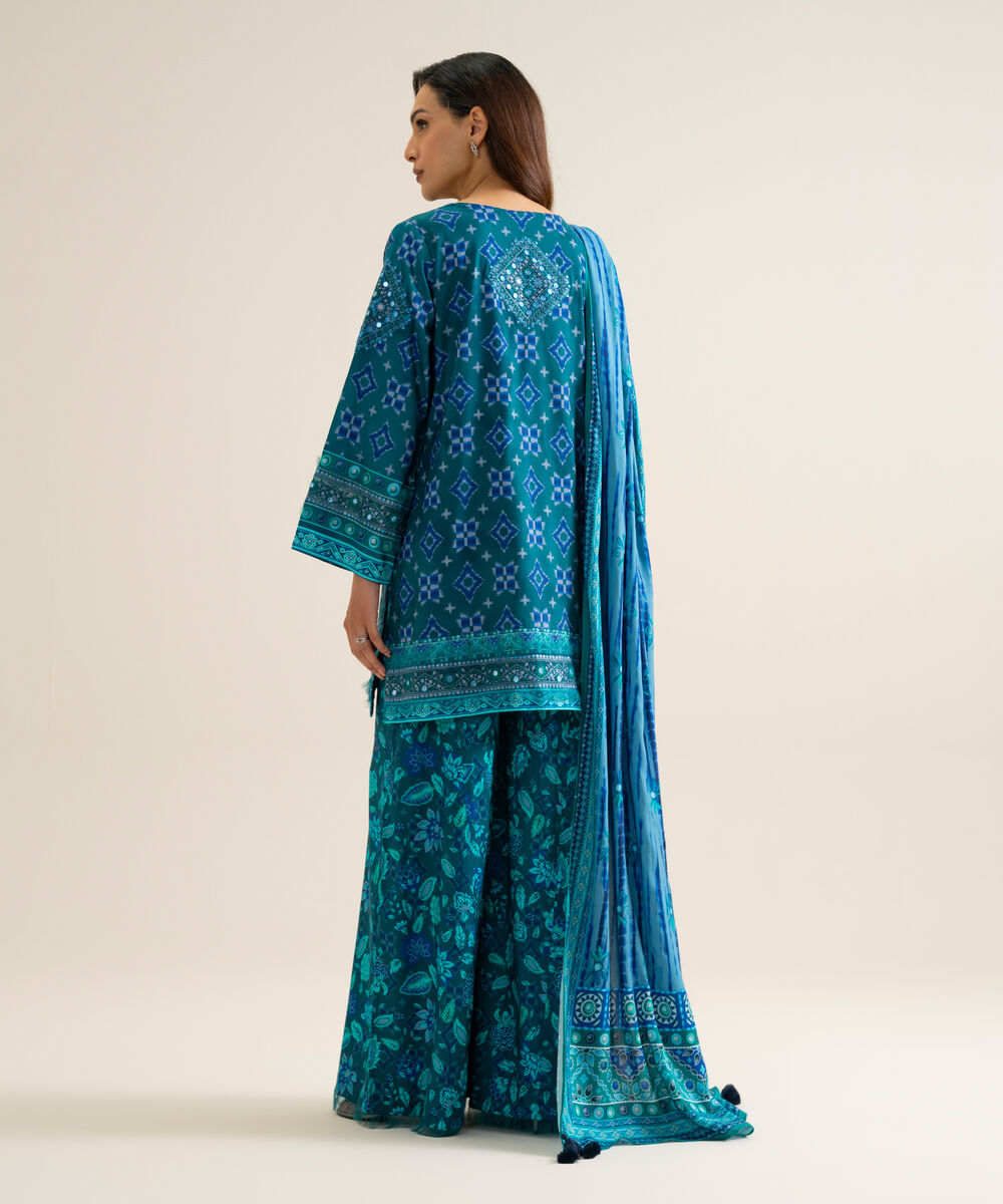Women's Unstitched Linen Printed Blue 3 Piece Suit