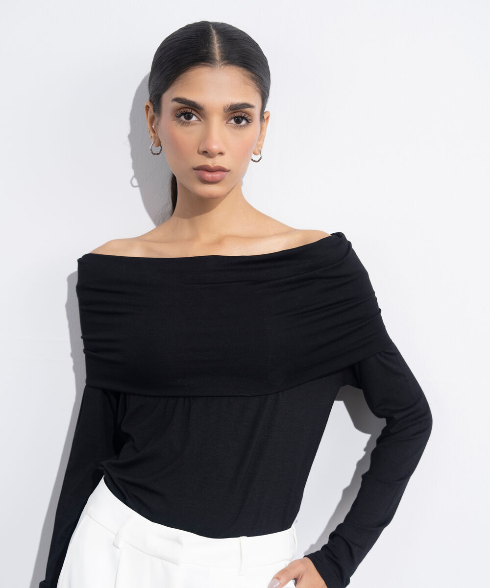 Women's Western Wear Black Gathered Off-Shoulder Top