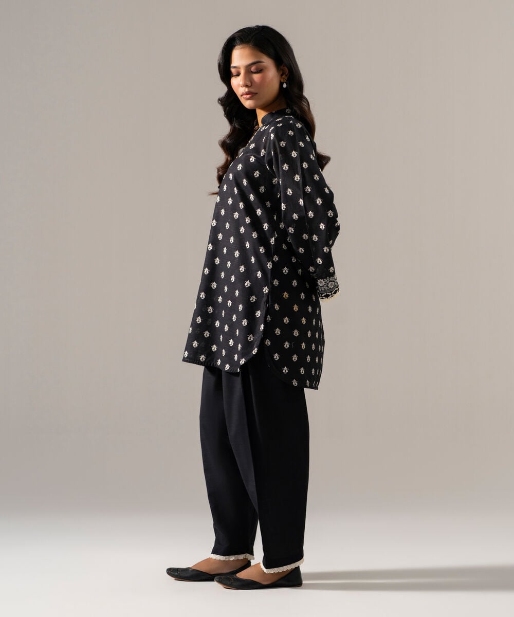 Women's RTW Khaddar Printed Black Straight Shirt