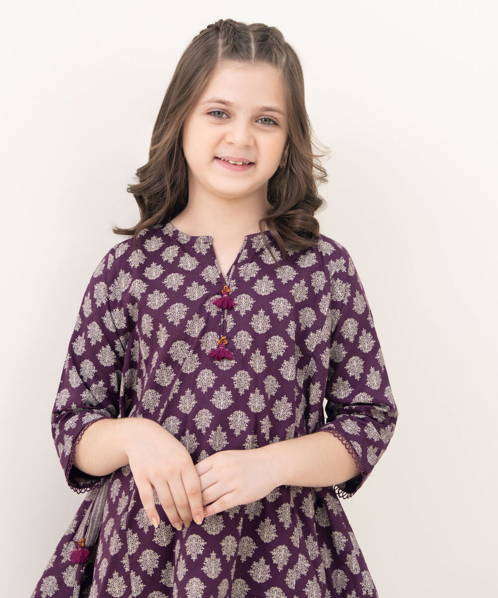 Girl's Cotton Viscose Printed Purple 2 Piece Suit