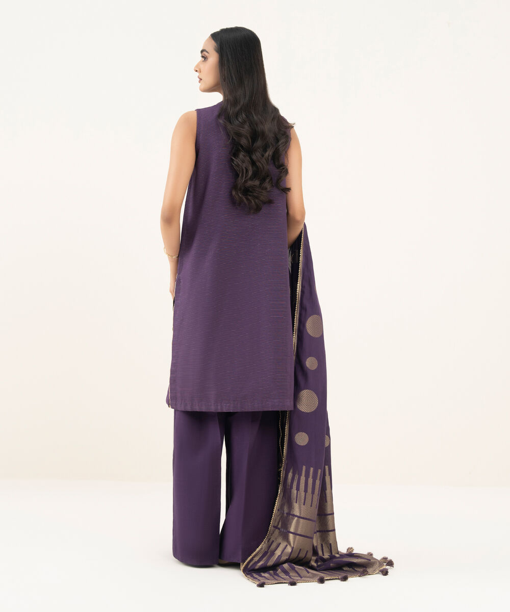 Women's Unstitched Embroidered Zari Khaddar Purple and Off White 3 Piece Suit