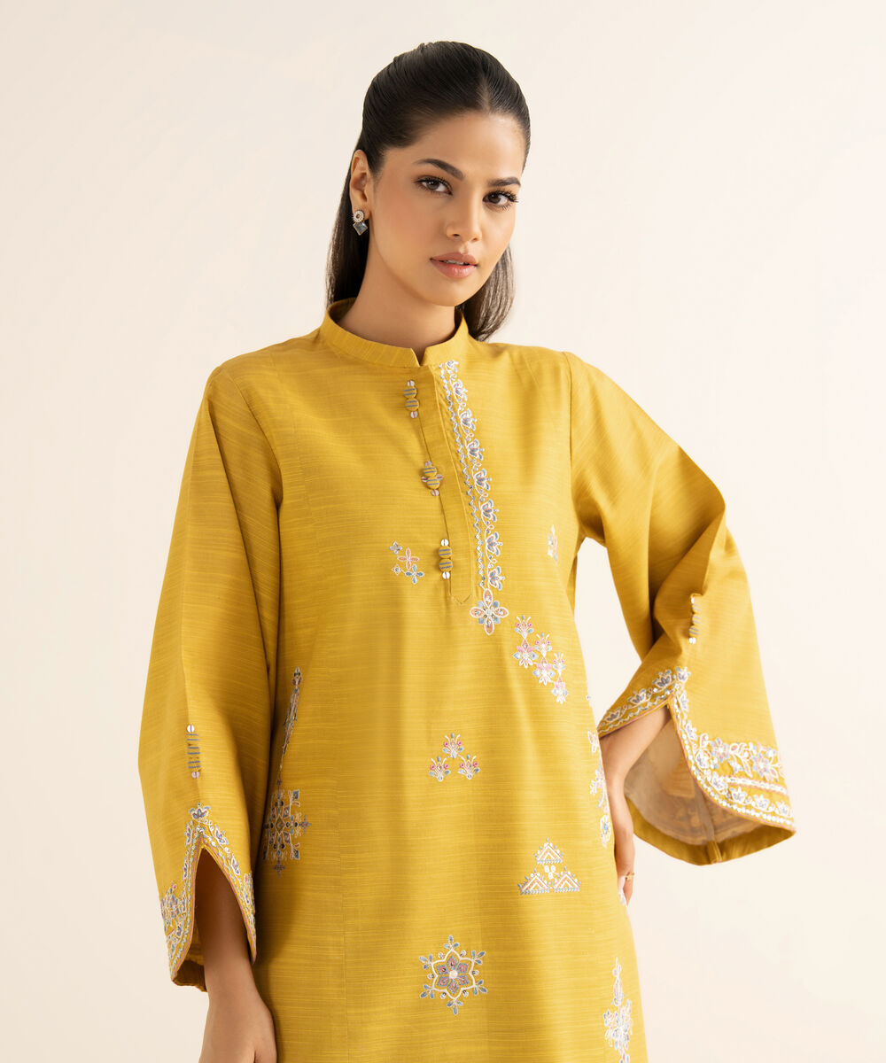 Women's Unstitched Cotton Embroidered Yellow 2 Piece Suit