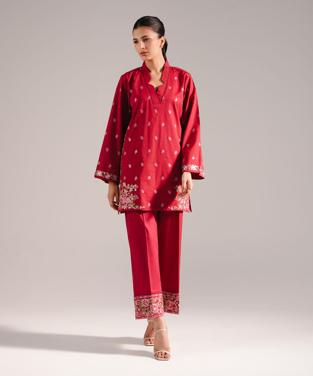 Women's RTW Slub Lawn Embroidered Maroon 2 Piece Suit