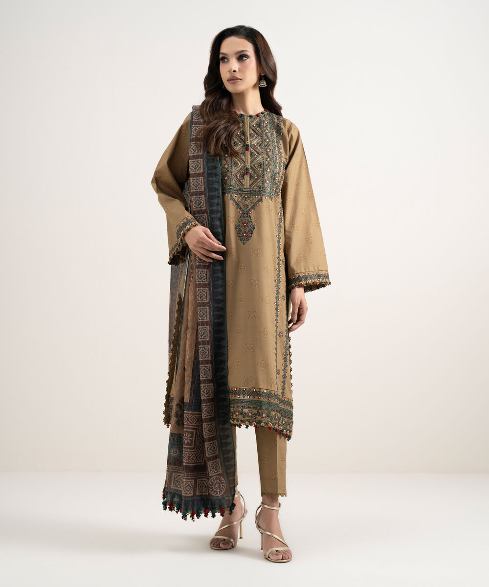Women's Unstitched Lawn Embroidered Brown 3 Piece Suit
