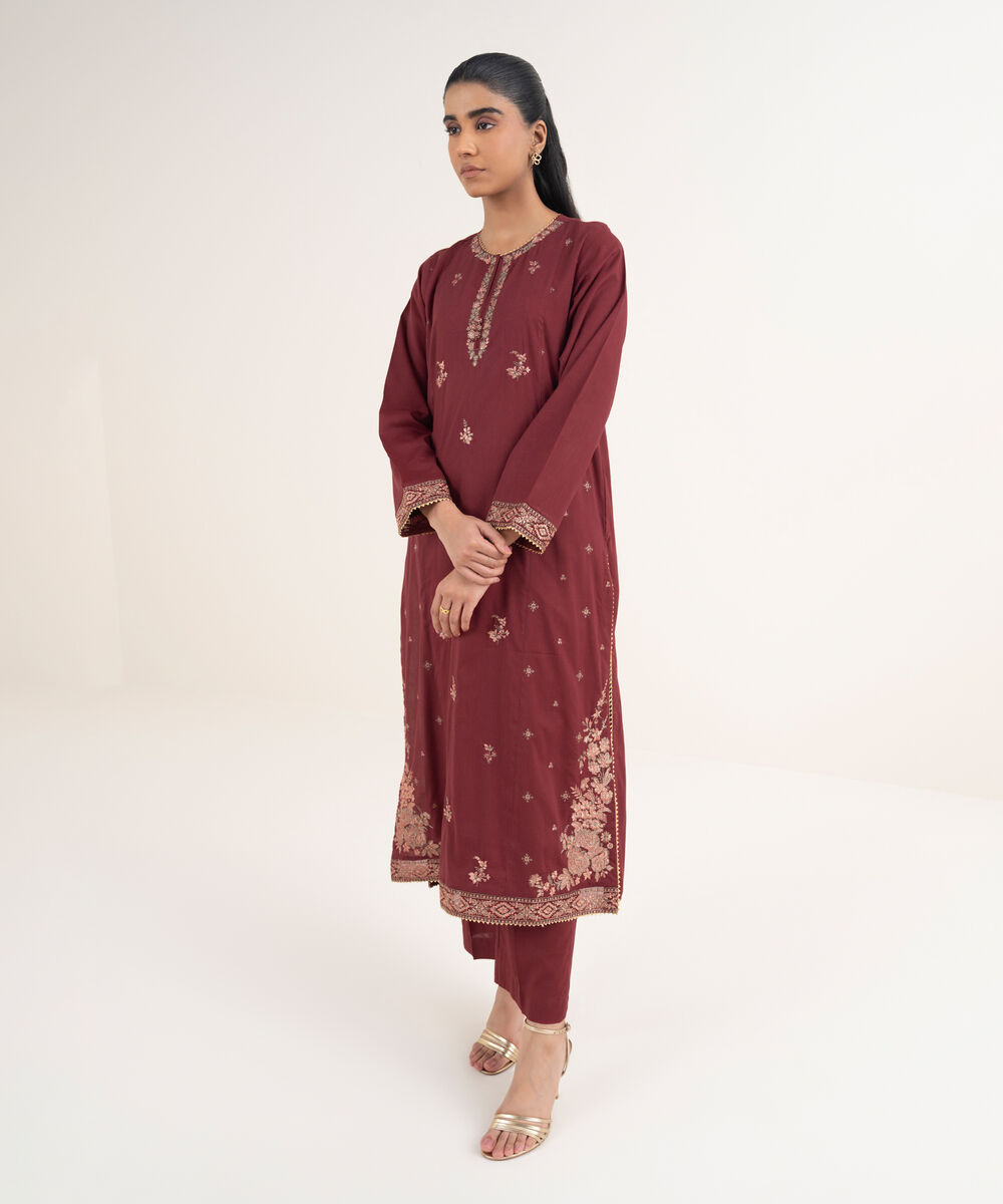 Women's RTW Cotton Viscose Embroidered Red A-Line Shirt