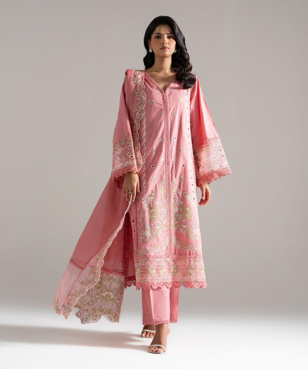 Khaddi Net Embroidered Pink Dupatta
