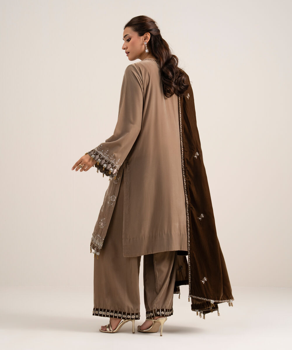 Women's Unstitched Embroidered Velvet Beige 3 Piece Suit