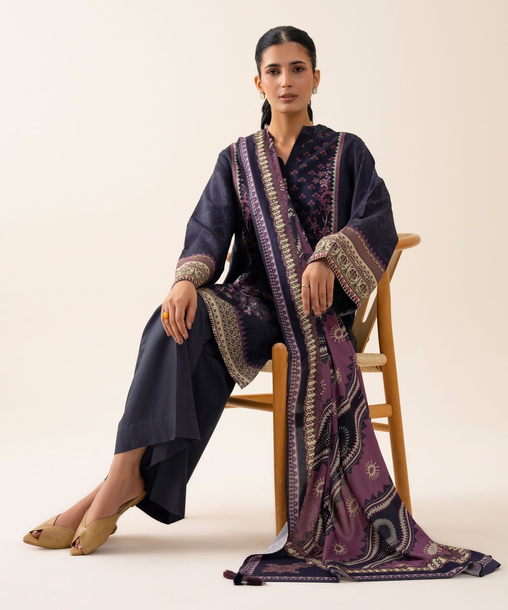 Women's Unstitched Viscose Linen Printed Blue 3 Piece Suit