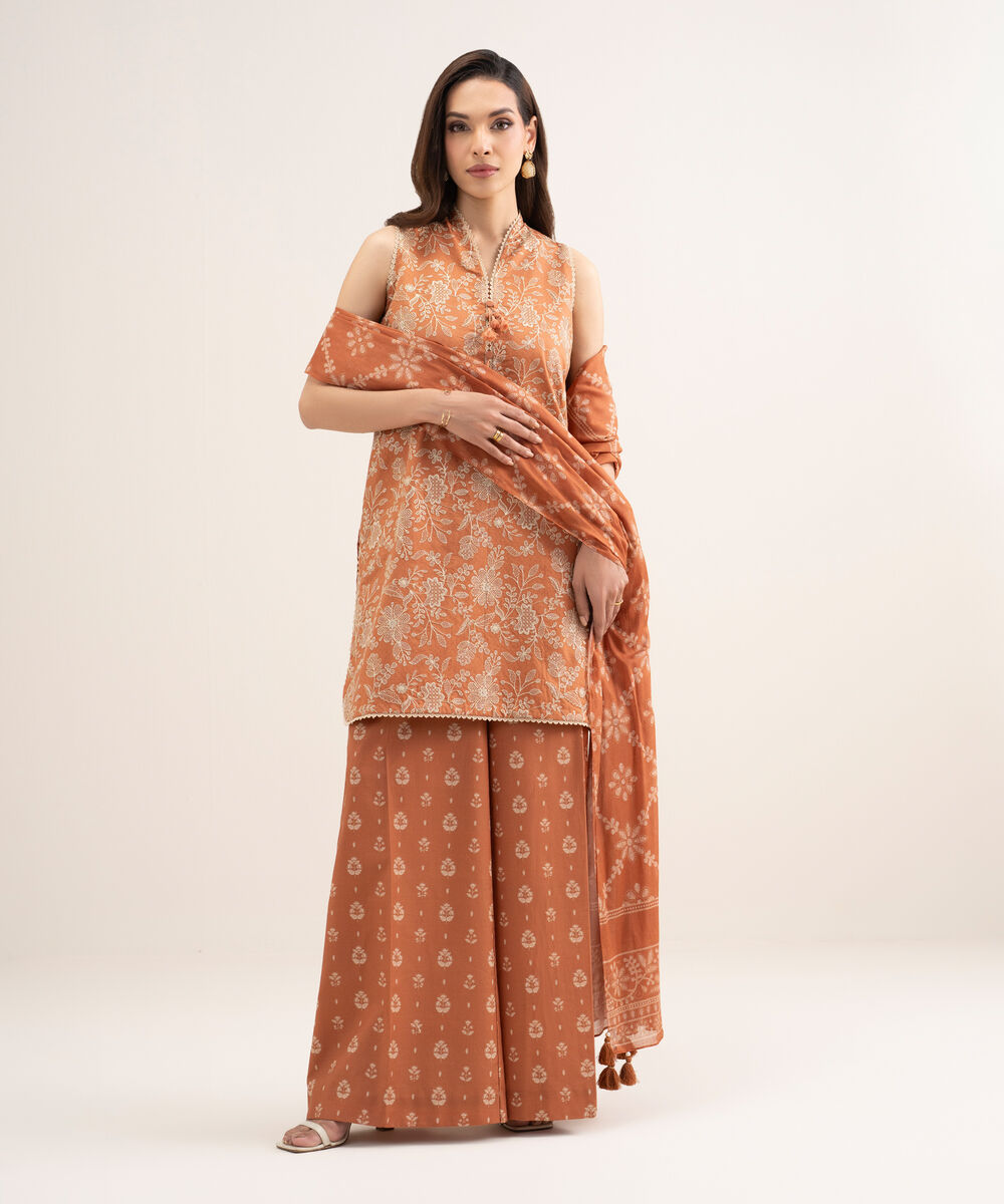 Women's Unstitched Dobby Embroidered Orange 3 Piece Suit