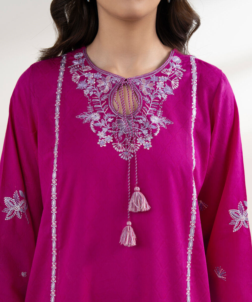 Women's RTW Self Jacquard Embroidered A-Line Pink Shirt