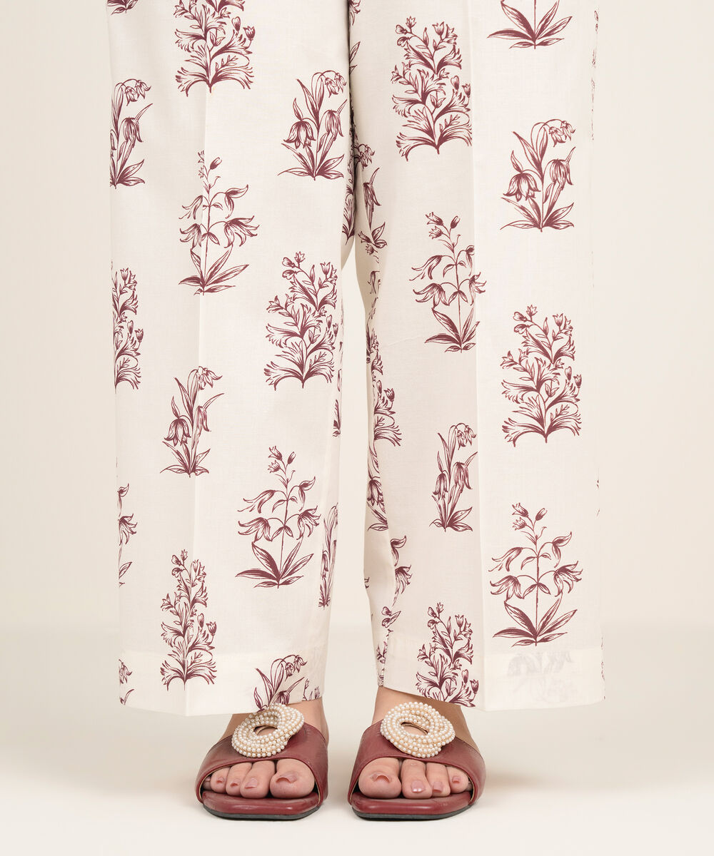 Women's RTW Cambric Printed Off White Straight Pants