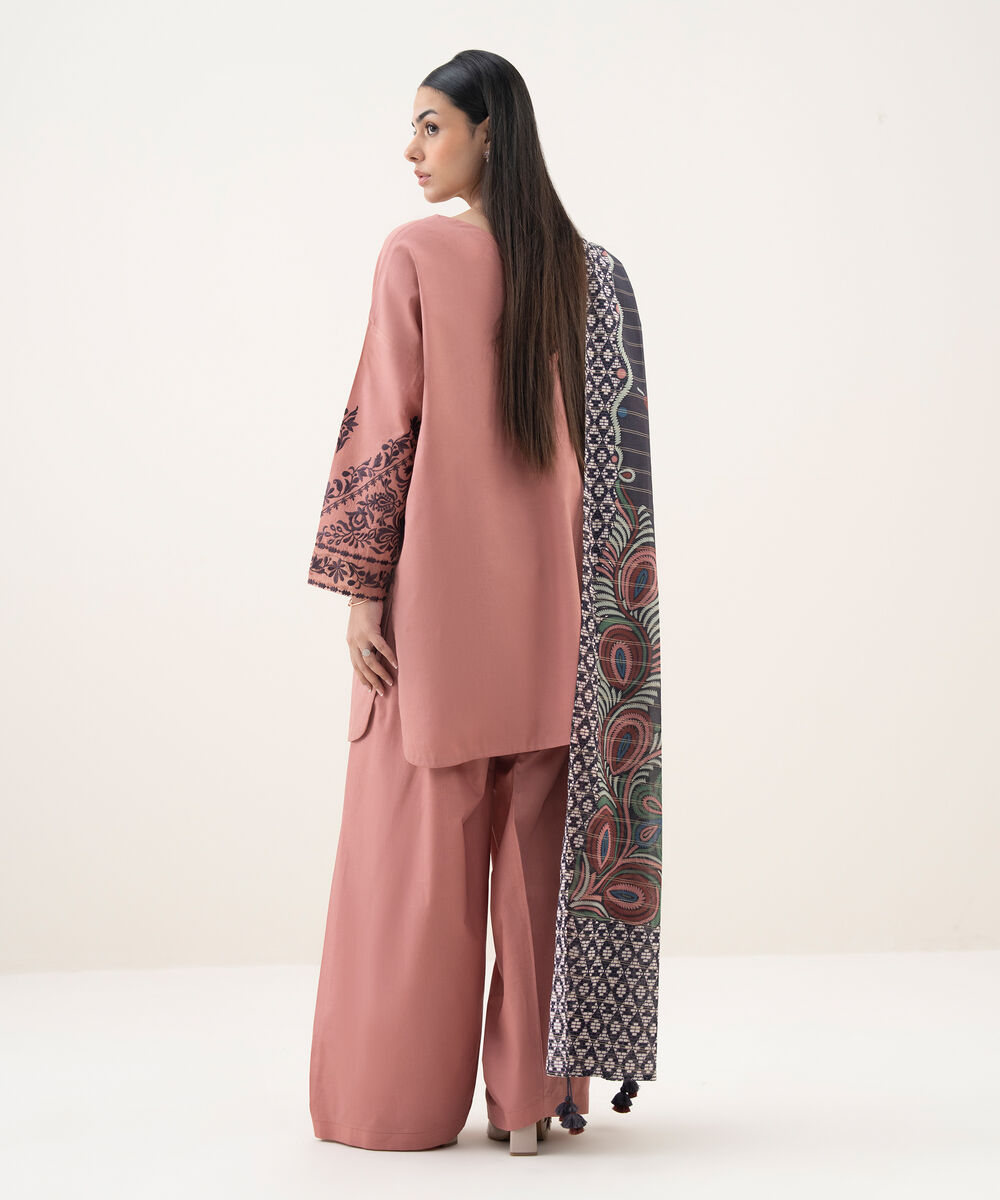 Women's Unstitched Cotton Embroidered Pink 3 Piece Suit