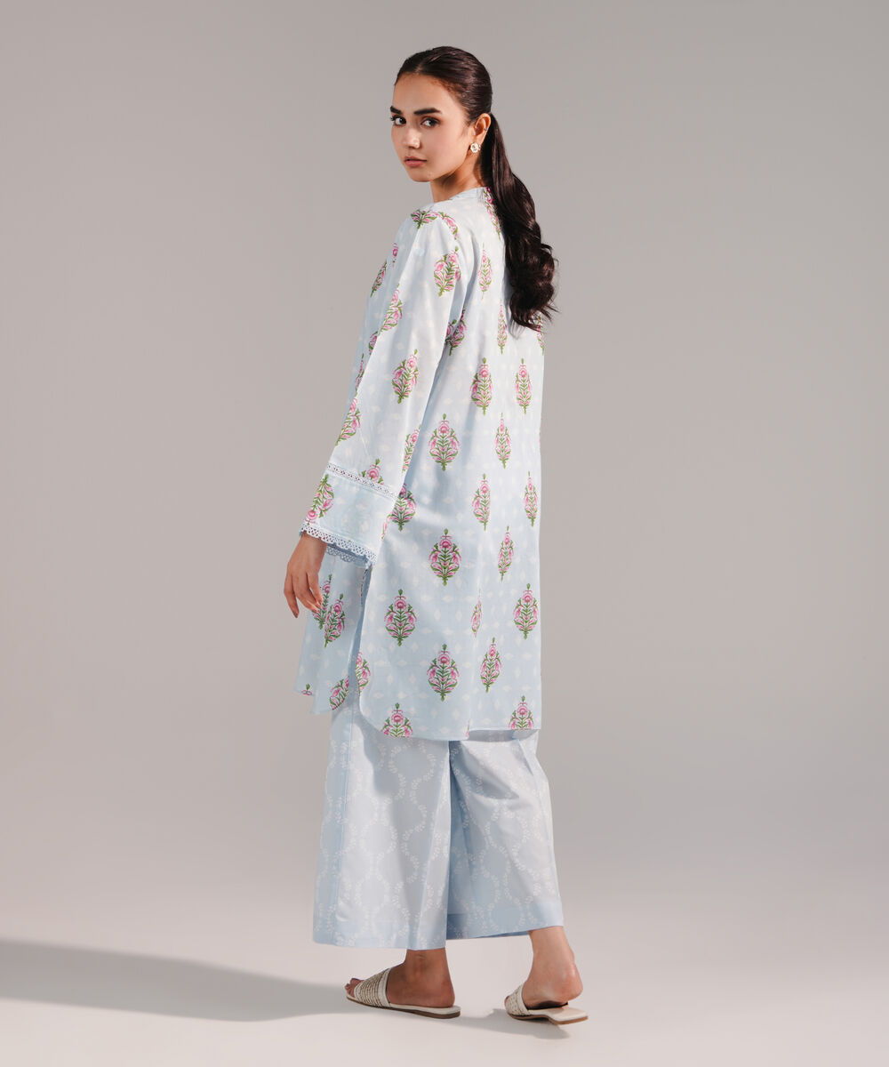 Women's RTW Lawn Printed Ice Blue Straight Shirt