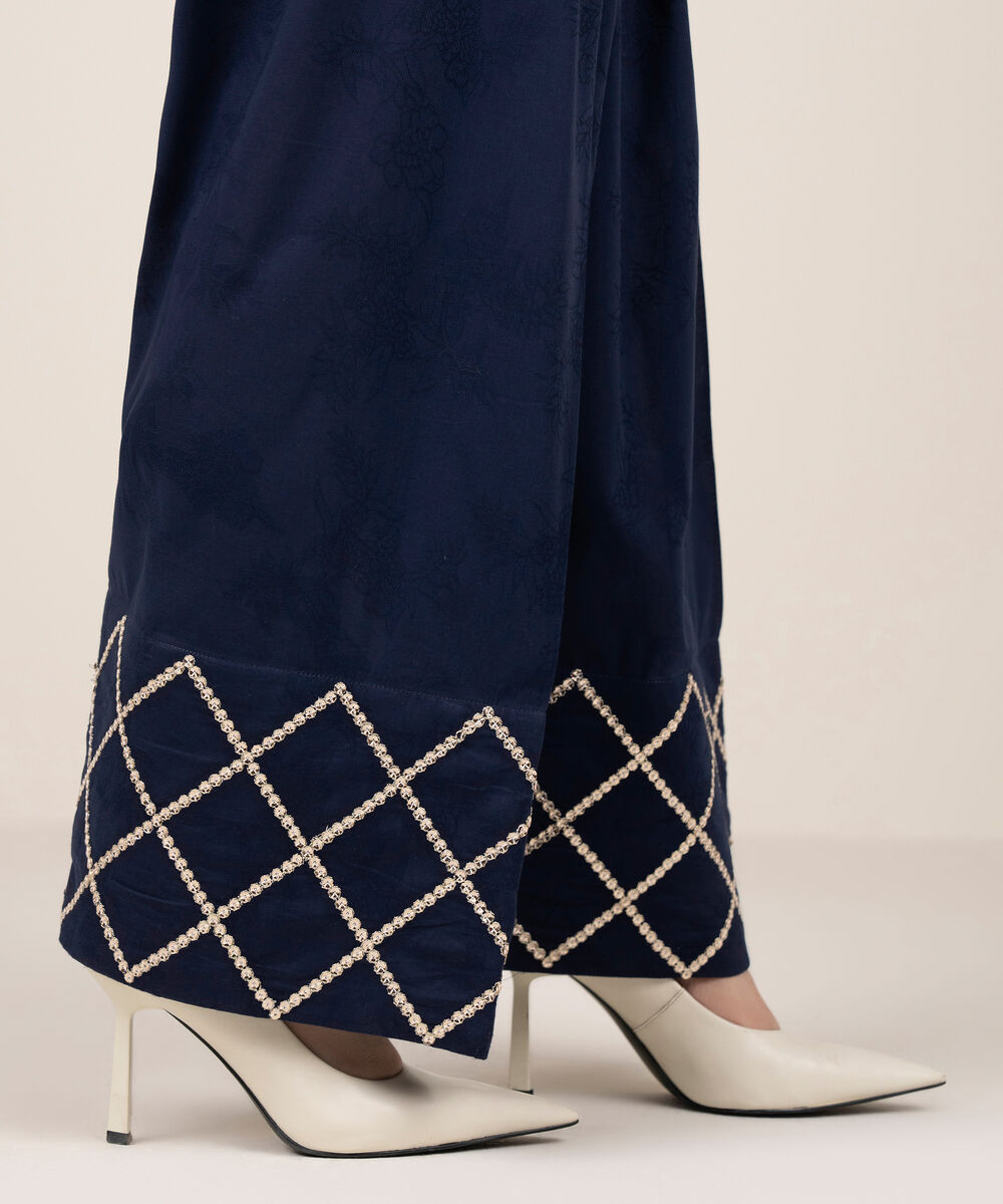 Women's RTW Self Jacquard Embroidered Blue Shalwar