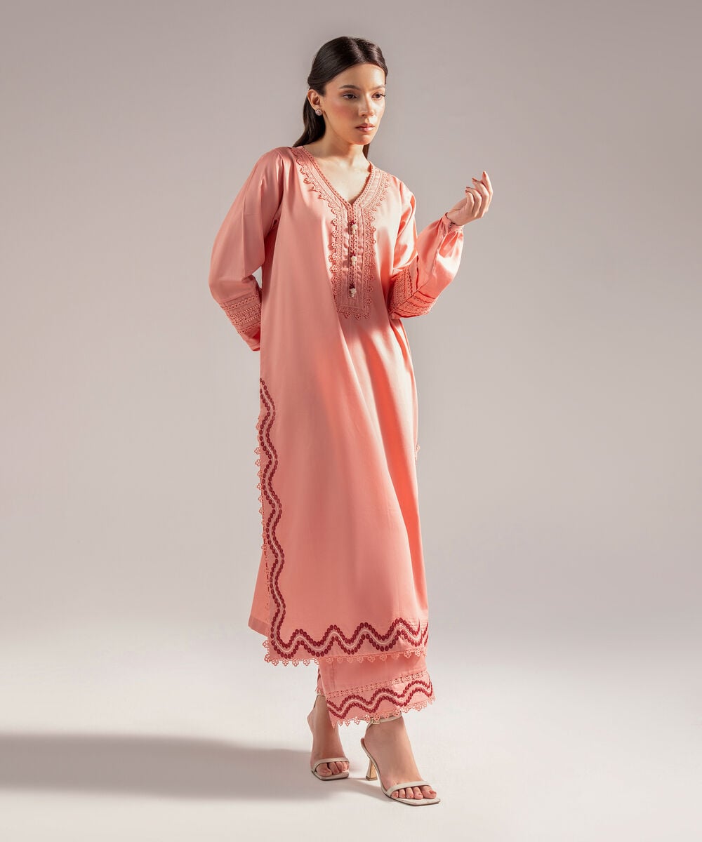 Women's RTW Cotton Satin Embroidered Peach 2 Piece Suit