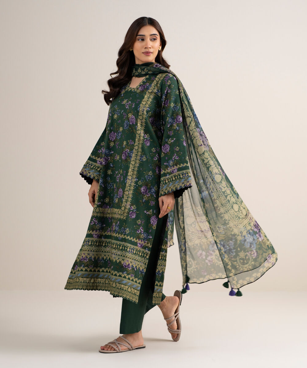 Women's Unstitched Arabic Lawn Printed Green