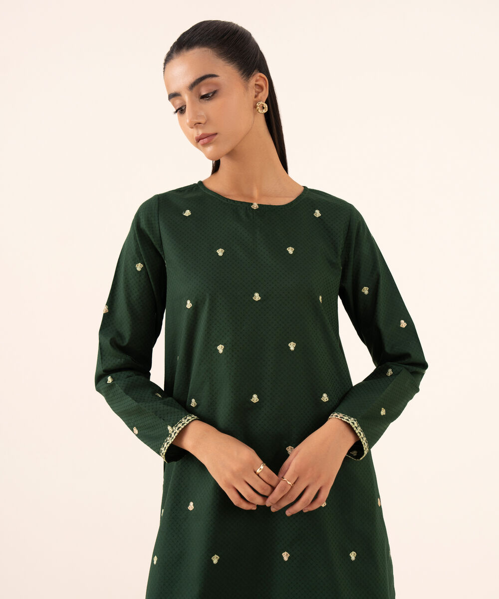 Women's RTW Textured Cotton Green Embroidered A-Line Shirt