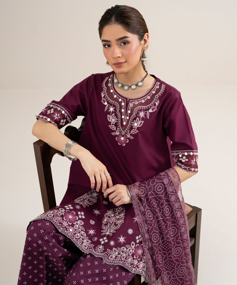 Women's Unstitched Textured Lawn Embroidered Purple 3 Piece Suit