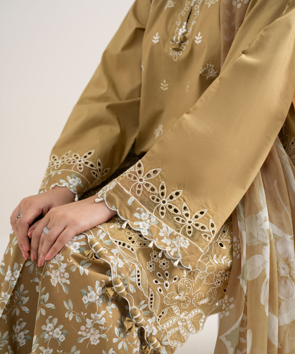 Women's Unstitched Dobby Embroidered Brown 3 Piece Suit