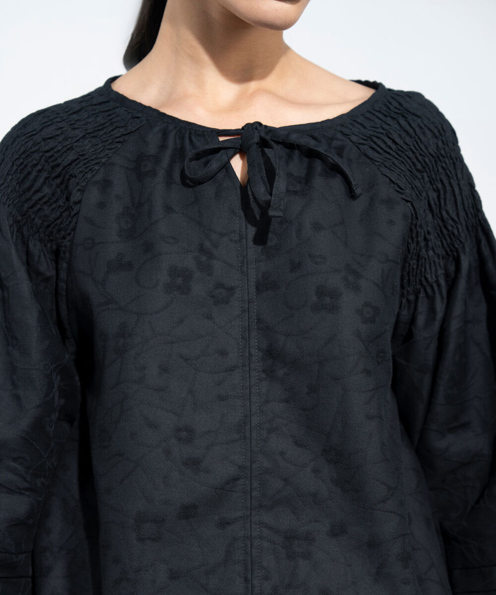 Women's Western Black Floral Textured Jacquard Blouse
