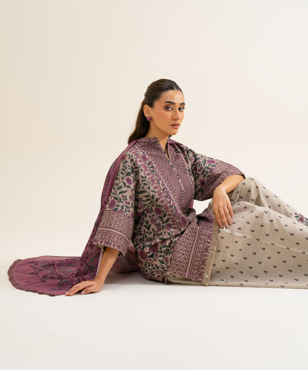 Women's Unstitched Premium Khaddar Printed Tea Pink 3 Piece Suit