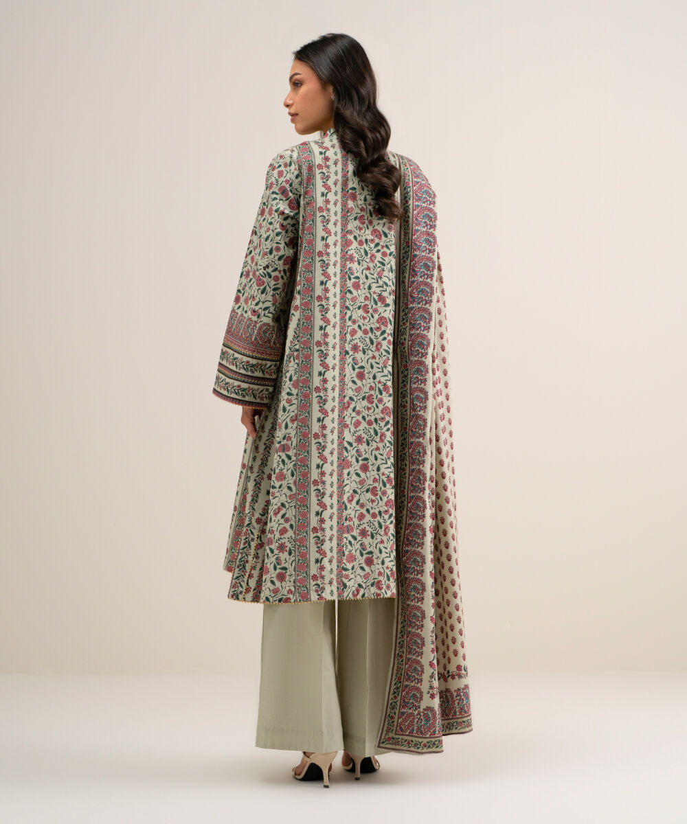 Women's Unstitched Printed Cotton Viscose Beige 3 Piece Suit