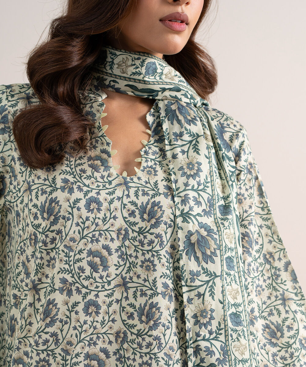 Women's Unstitched Lawn Printed Green and Blue 3 Piece Suit