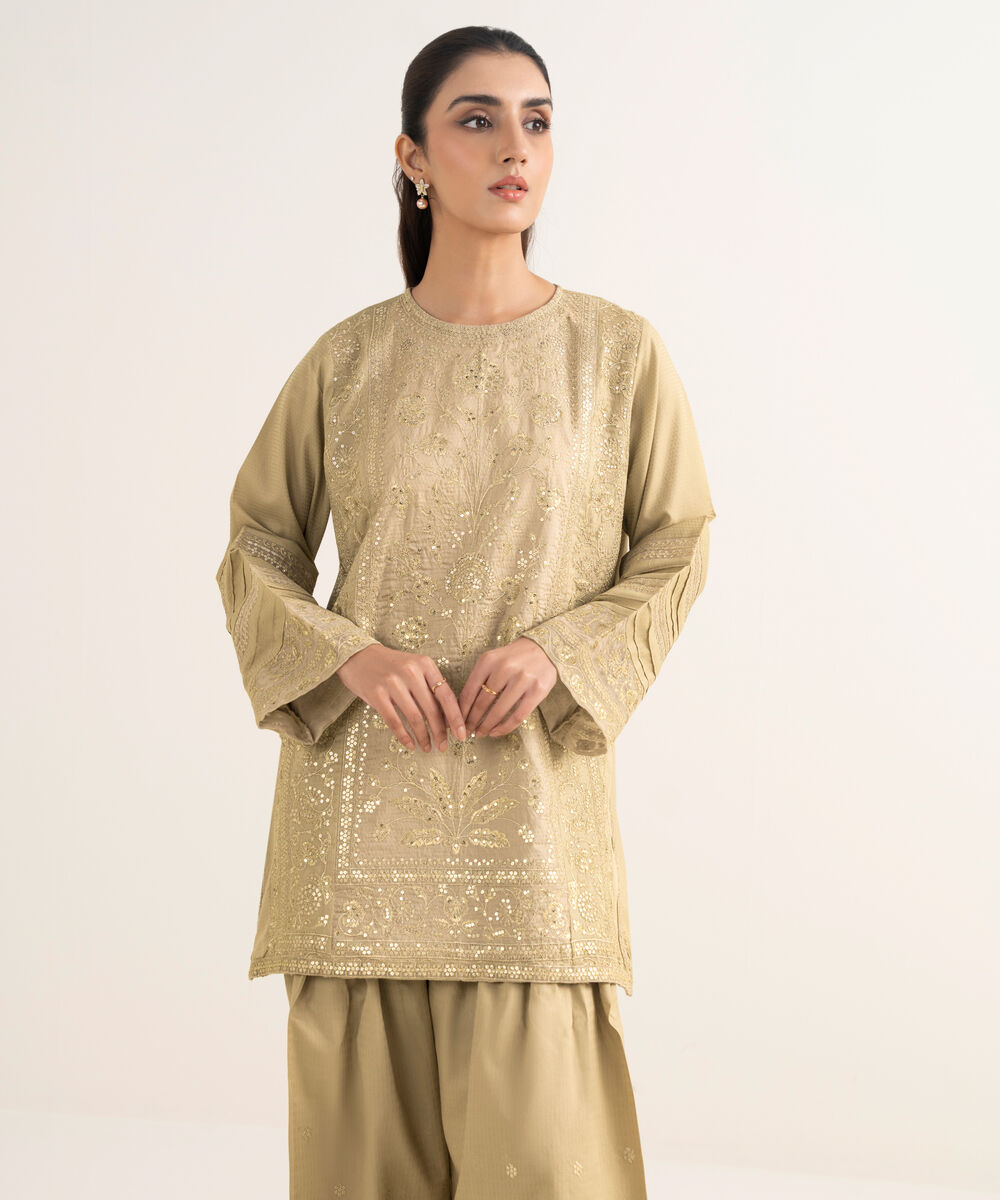 Women's RTW Dobby Embroidered Beige Straight Shirt