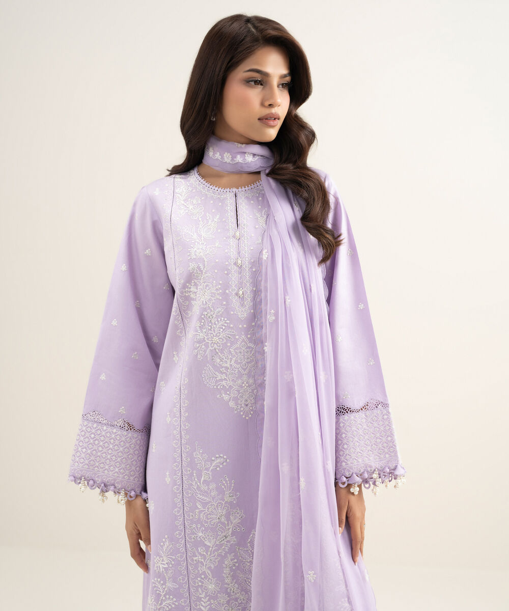 Women's Unstitched Cotton Net Embroidered Purple 3 Piece Suit