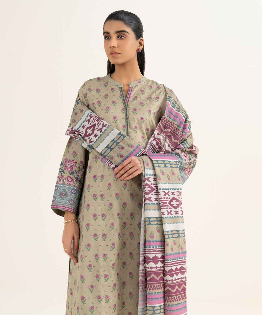 Women's Unstitched Textured Lawn Printed Beige 3 Piece Suit