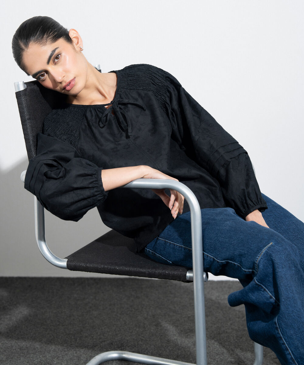 Women's Western Black Floral Textured Jacquard Blouse