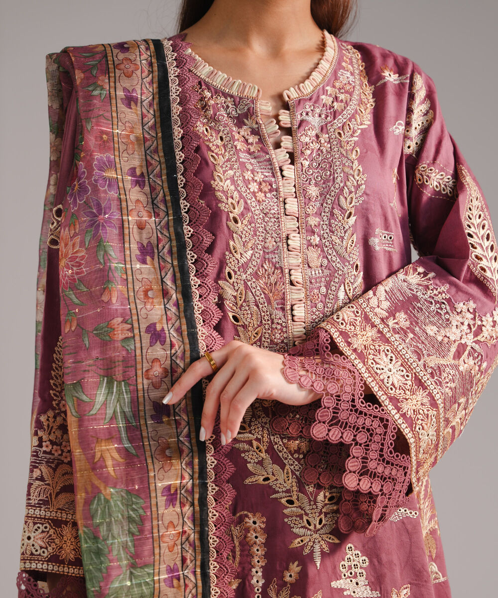 Women's RTW Self Jacquard Embroidered Muted Mauve 3 Piece Suit