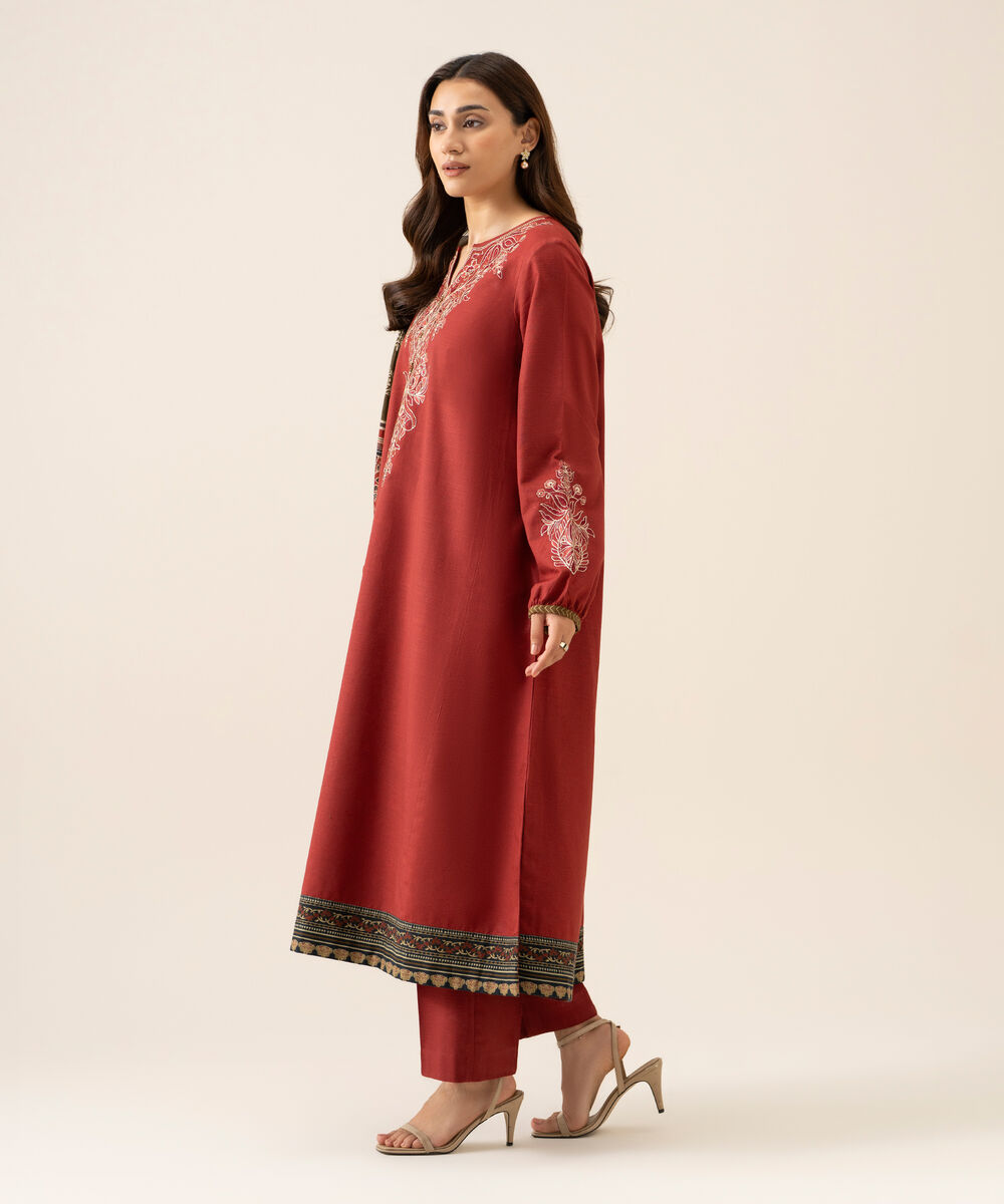 Women's Unstitched Light Khaddar Embroidered Red 3 Piece Suit